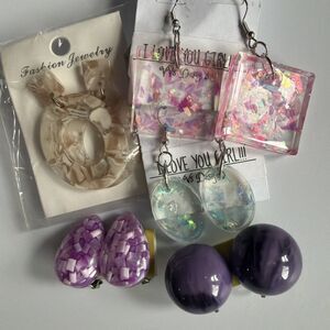 Lot Of 5 Pairs Resin Earrings Vintage &Modern, Hook Stud And Clip-On, Iridescent
